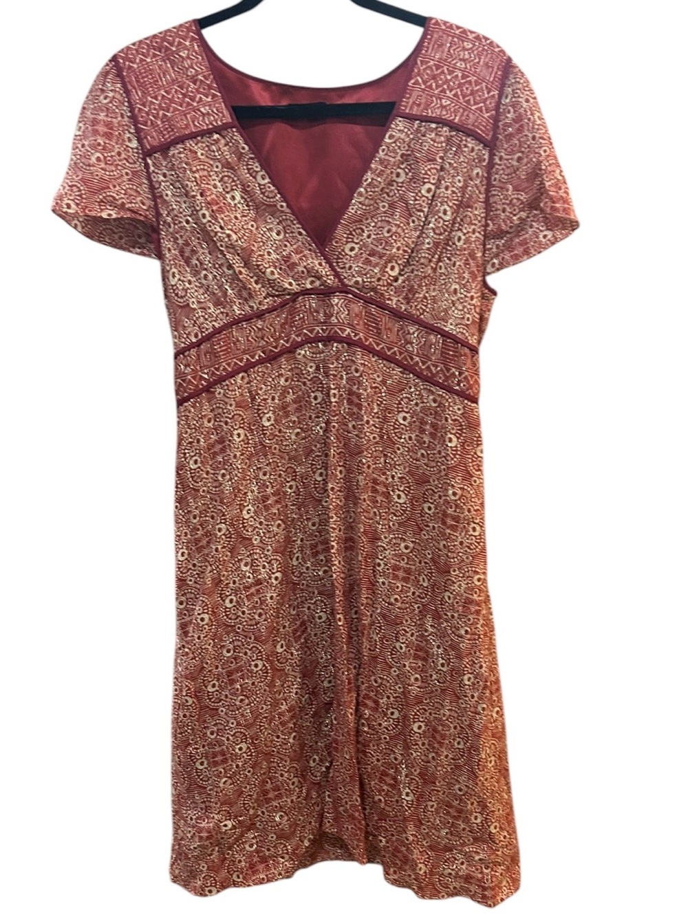 Vintage BCBGMAXAZRIA Y2K Red Paisley Empire Waist Midi Dress Boho Chic Size L